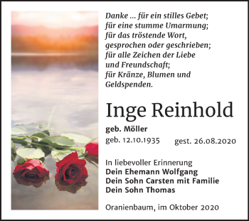 Traueranzeige von Inge Reinhold von Super Sonntag Wittenberg