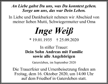 Traueranzeige von Inge Weiß von Mitteldeutsche Zeitung Aschersleben