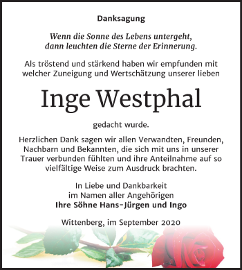 Traueranzeige von Inge Westphal von Mitteldeutsche Zeitung Wittenberg