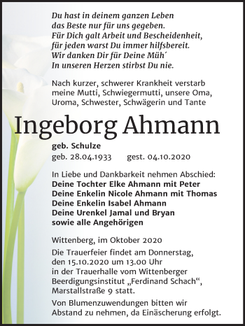 Traueranzeige von Ingeborg Ahmann von Super Sonntag Wittenberg