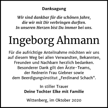 Traueranzeige von Ingeborg Ahmann von Super Sonntag Wittenberg