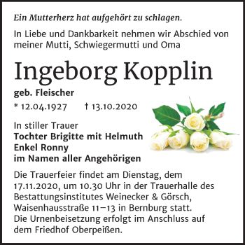 Traueranzeige von Ingeborg Kopplin von Super Sonntag Bernburg