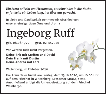 Traueranzeige von Ingeborg Ruff von Super Sonntag Wittenberg