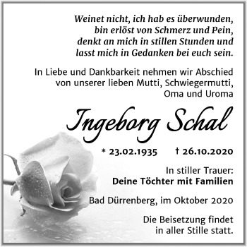 Traueranzeige von Ingeborg Schal von Mitteldeutsche Zeitung Merseburg/Querfurt