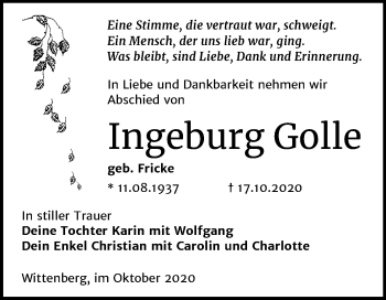 Traueranzeige von Ingeburg Golle von Mitteldeutsche Zeitung Wittenberg