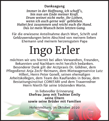 Traueranzeige von Ingo Erler von Mitteldeutsche Zeitung Weißenfels
