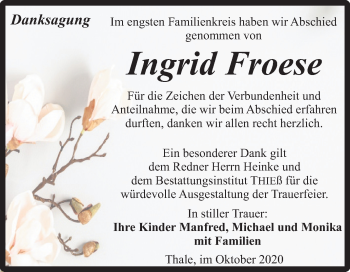 Traueranzeige von Ingrid Froese von Super Sonntag Quedlinburg