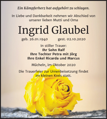 Traueranzeige von Ingrid Glaubel von Wochenspiegel Merseburg/Querfurt