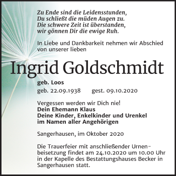 Traueranzeige von Ingrid Goldschmidt von Super Sonntag Sangerhausen