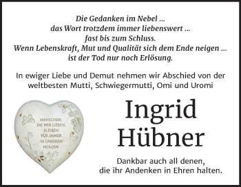 Traueranzeige von Ingrid Hübner von Super Sonntag Bernburg
