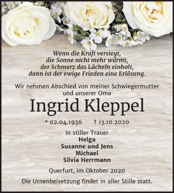Traueranzeige von Ingrid Kleppel von Wochenspiegel Merseburg/Querfurt