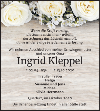 Traueranzeige von Ingrid Kleppel von Mitteldeutsche Zeitung Merseburg/Querfurt