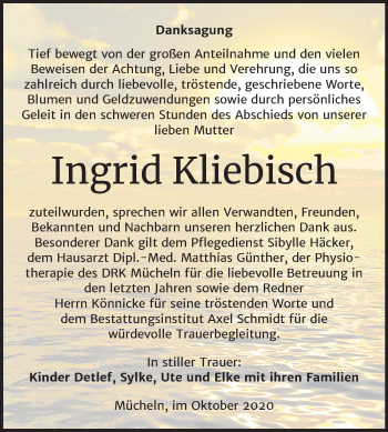 Traueranzeige von Ingrid Kliebisch von Wochenspiegel Merseburg/Querfurt