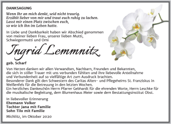 Traueranzeige von Ingrid Lemmnitz von Mitteldeutsche Zeitung Weißenfels