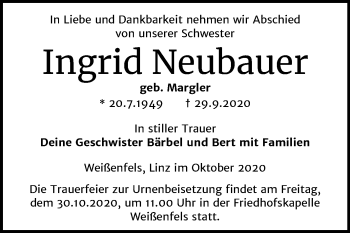 Traueranzeige von Ingrid Neubauer von Wochenspiegel Weißenfels