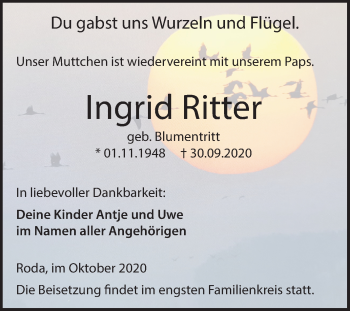 Traueranzeige von Ingrid Ritter von Super Sonntag Zeitz