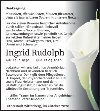 Traueranzeige von Ingrid Rudolph von Super Sonntag Wittenberg