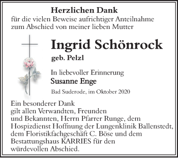 Traueranzeige von Ingrid Schönrock von Mitteldeutsche Zeitung Quedlinburg