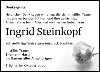 Traueranzeige von Ingrid Steinkopf von Super Sonntag Zeitz