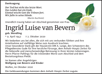 Traueranzeige von Ingrid Luise van Bevern von Mitteldeutsche Zeitung Köthen