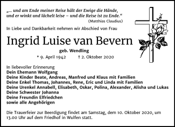 Traueranzeige von Ingrid Luise van Bevern von Mitteldeutsche Zeitung Köthen