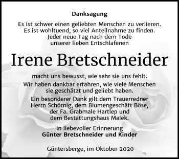 Traueranzeige von Irene Bretschneider von Super Sonntag Quedlinburg