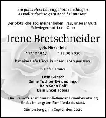 Traueranzeige von Irene Bretschneider von Super Sonntag Quedlinburg