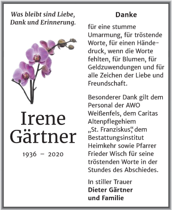 Traueranzeige von Irene Gärtner von Wochenspiegel Weißenfels