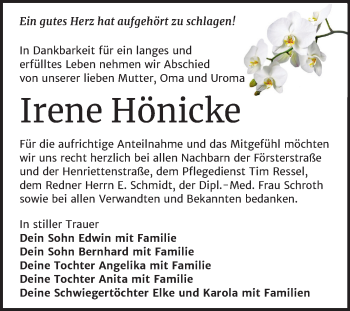 Traueranzeige von Irene Hönicke von Mitteldeutsche Zeitung Wittenberg