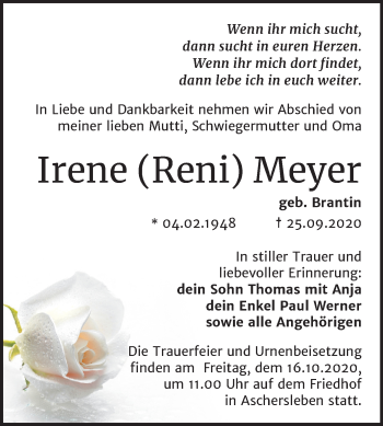 Traueranzeige von Irene  Meyer von Mitteldeutsche Zeitung Aschersleben