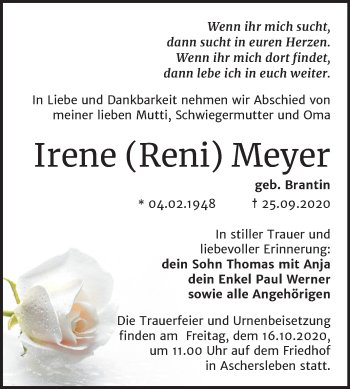 Traueranzeige von Irene  Meyer von Super Sonntag Aschersleben