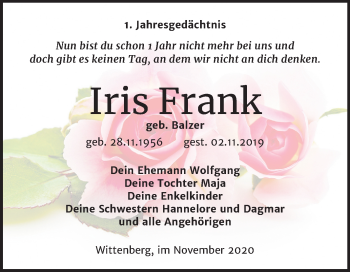 Traueranzeige von Iris Frank von Super Sonntag Wittenberg