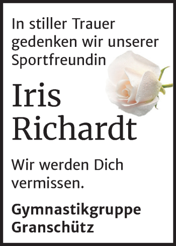 Traueranzeige von Iris Richardt von Mitteldeutsche Zeitung Weißenfels