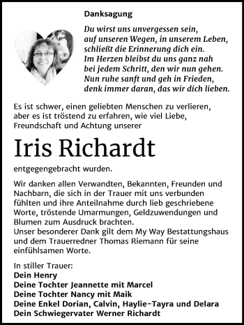 Traueranzeige von Iris Richardt von Mitteldeutsche Zeitung Weißenfels