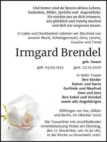 Traueranzeige von Irmgard Brendel von Mitteldeutsche Zeitung Mansfelder Land