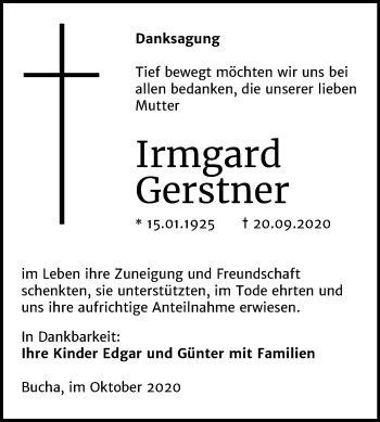 Traueranzeige von Irmgard Gerstner von Wochenspiegel Naumburg/Nebra