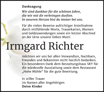 Traueranzeige von Irmgard Richter von Mitteldeutsche Zeitung Wittenberg