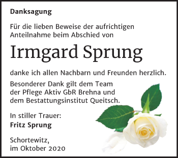 Traueranzeige von Irmgard Sprung von Mitteldeutsche Zeitung Köthen