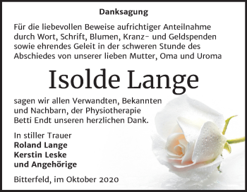 Traueranzeige von Isolde Lange von Mitteldeutsche Zeitung Bitterfeld