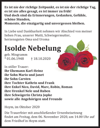 Traueranzeige von Isolde Nebelung von Super Sonntag Quedlinburg