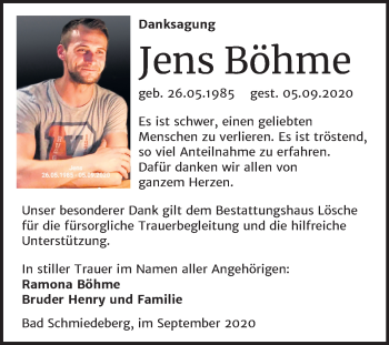 Traueranzeige von Jens Böhme von Mitteldeutsche Zeitung Wittenberg