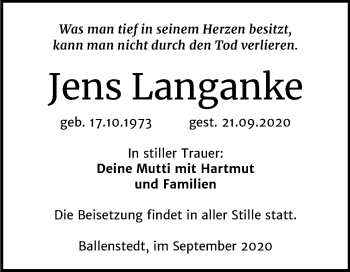 Traueranzeige von Jens Langanke von Super Sonntag Quedlinburg