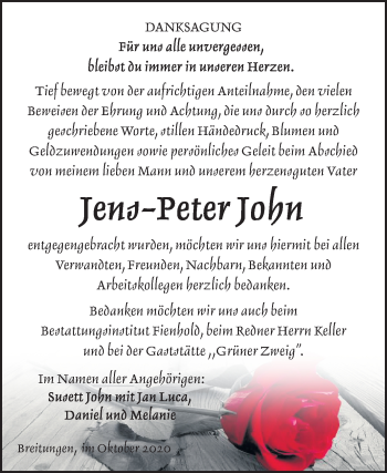 Traueranzeige von Jens-Peter John von Super Sonntag Sangerhausen