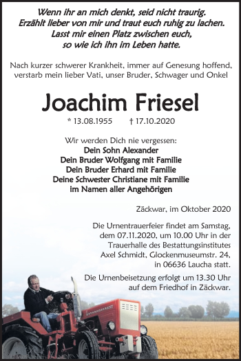 Traueranzeige von Joachim Friesel von Wochenspiegel Naumburg/Nebra