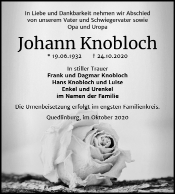 Traueranzeige von Johann Knobloch von Mitteldeutsche Zeitung Quedlinburg