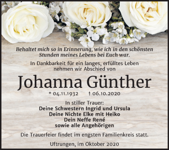 Traueranzeige von Johanna Günther von Super Sonntag Sangerhausen