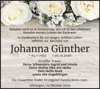 Traueranzeige von Johanna Günther von Mitteldeutsche Zeitung Sangerhausen