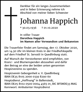 Traueranzeige von Johanna Happich von Mitteldeutsche Zeitung Quedlinburg