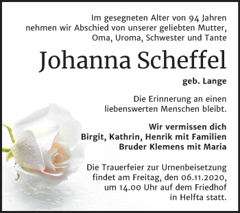 Traueranzeige von Johanna Scheffel von Super Sonntag Mansfelder Land