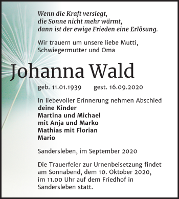 Traueranzeige von Johanna Wald von Wochenspiegel Mansfelder Land